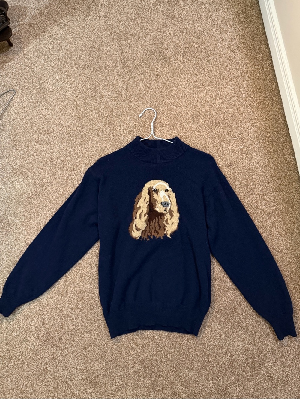 Navy Women's Crewneck Sweater with Dog Intarsia wool 100%